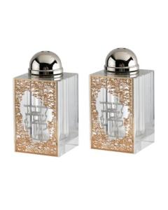 Crystal Salt & Pepper Set Gold Jerusalem with Silver Shabbat Kodesh