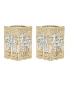 Crystal tea Light Holders With Gold Floral And Silver Shabbat Kodesh