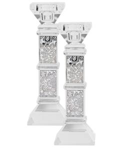 Crystal Candle Sticks Floral Silver 7"