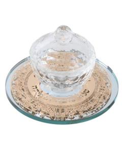 Crystal Honey Dish With Mirror Tray And Gold "Shana Tova" Jerusalem Plate