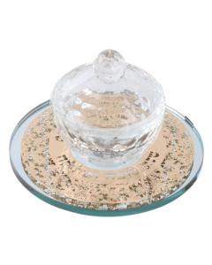 Crystal Honey Dish With Mirror Tray And Gold "Shana Tova" Floral Plate