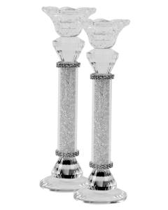 Crystal With Light Silver Stone Candlesticks 9"H