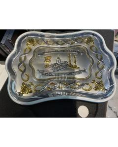 Challah Tray Spirulina White Wood with Gold