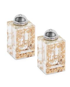 Crystal Salt and Pepper Holder with 2 Sides  Gold Leaves Plate - Pomegranate