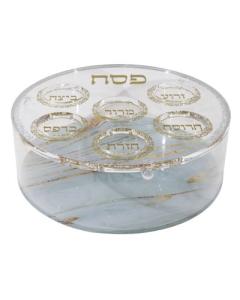Acrylic Round Matza Box With Seder Plate Cover - Grey & Gold Marble Design