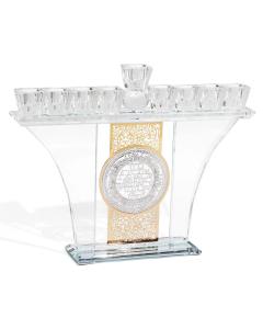Crystal Menorah with Silver & Gold Blessing Plates (Curved)