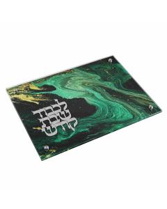Glass Challah Board with Green Marble Design  & Silver Metal Plate