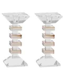 Set of 2 Clear & Brown Crystal Candlesticks and/or Tealight Holders 7.5" H - Levels