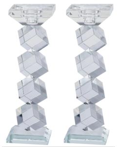 Set of 2 Clear Crystal Candlesticks and/or Tealight Holders 9.5" H - Boxes on Corners