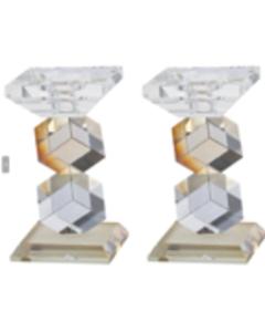 Set of 2 Clear & Brown Crystal Candlesticks and/or Tealight  Holders 6" H - Boxes on Corners