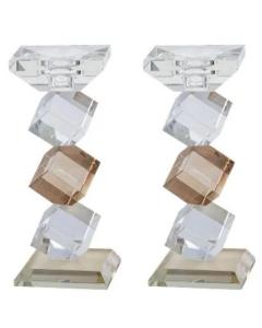 Set of 2 Clear & Brown Crystal Candlesticks and/or Tealight  Holders 8" H - Boxes on Corners