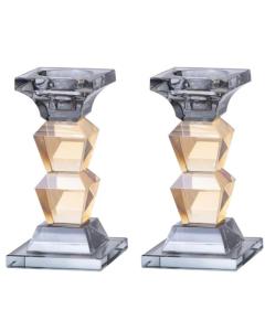 Set of 2 Black & Gold Crystal Candlesticks and/or Tealight  Holders - 6" H - Trapezoidal Design