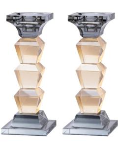 Set of 2 Black & Gold Crystal Candlesticks and/or Tealight Holders - 7.5" H - Trapezoidal Design
