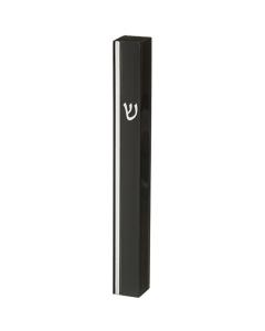 Black Plastic Mezuzah 15 cm - Silver SHIN & Stripe  with Rubber Cork