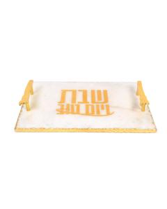 White Marble Bread Tray with Gold Printing,  Gold Handles and Gold Foiling