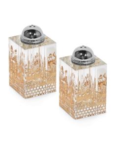 Crystal Salt and Pepper Holder with 2 Sides  Gold Leaves Plate - Jerusalem