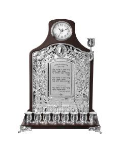 Wood & Silver Plated Wall Menorah With Clock 15.5x11.5"
