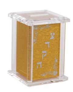 Acrylic Tzedakah Box With Poles Gold Imprinted Tzedakah 5 X 3"