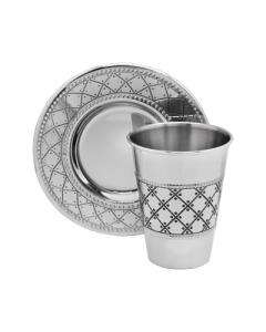 Stainless Steel Kiddush Cup With Tray - Diamond Design