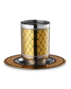Stainless Steel Kiddush Cup & Tray with Diamond  & Beaded Design - Gold