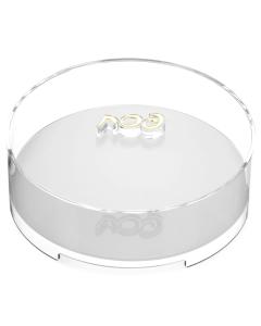 Acrylic Matzah Box with White Bottom, Gold-Lettered  Knob with Three Wide Stands with Gold Rims