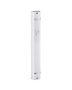 Plastic Mezuzah with Back Opening and Silver Shin (White)