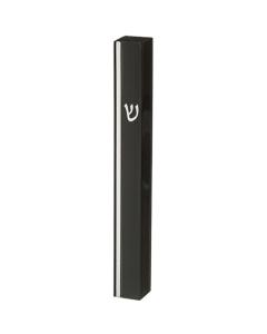 Black Plastic Mezuzah - Silver SHIN & Stripe  with Rubber Cork