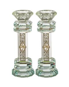 Crystal Candlesticks with Metal Plaque - 7.7"