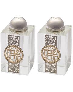 Crystal Salt & Pepper Holders with Laser Cut Plaque -  Jerusalem
