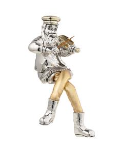 Silvered Polyresin Sitting Hassidic Figurine with Cloth Legs - Clarinet Player