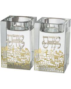 Crystal Candlesticks with Metal Plaque - Jerusalem (3.2")