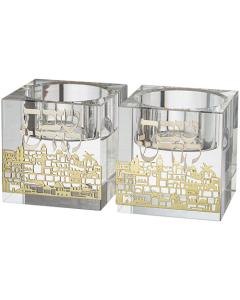 Crystal Candlesticks with Metal Plaque - Jerusalem (2")