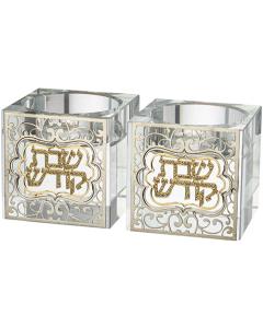 Crystal Candlesticks with Metal Plaque - Ornate (2")