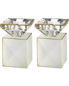Pair of Crystal Candlesticks on Frosted Crystal Box with  Gold Edging