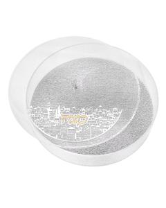Perspex Round Matzah Box with Silver Glitter &  Jerusalem Design