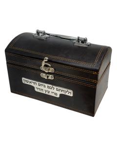 Elegant Faux Leather Etrog Box Metal Plaque, Handle & Lock - Brown