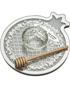 Pomegranate Shaped Glass Plate with Bowl and Wooden Honey Dipper