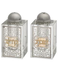 Crystal Salt & Pepper Shakers with Laser Cut Metal Plaque - Ornamental