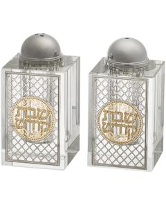 Crystal Salt & Pepper Shakers with Laser Cut Metal Plaque  - Diamond-Design