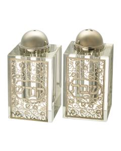 Crystal Salt & Pepper Shakers with Laser Cut Metal Plaque  - Pomegranate