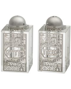 Crystal Salt & Pepper Shakers with Laser Cut Metal Plaque  - Jerusalem