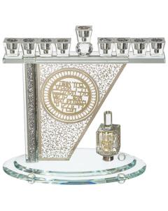 Crystal Menorah with Gold Metal Plaque, Stones, and a Dreidel