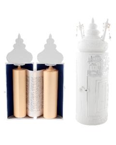 Plastic Sefardi Torah Scroll in Silvered Jerusalem Theme