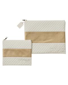 White Leather-Like Talit and Tefillin Bag Set with  Light Brown Band