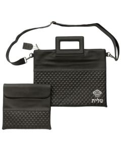 Fabric Talit & Tefilin Set - Black With Emboss