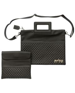 Fabric Talit & Tefilin Set - Black With Emboss