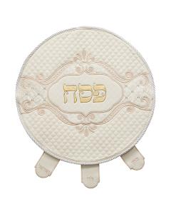 White Faux Leather Matzah Cover with Gold Lettering and a Fleur De Lis-Like Pattern