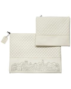 Leatherette Talit - Tefilin Set - White with Embossed Texture