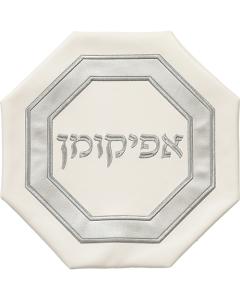 Elegant Faux Leather Afikoman Cover - White w/  Silver Embroidery