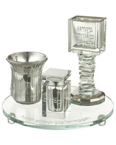 Crystal Havdala Set with Round Tray - Lined (Silver)